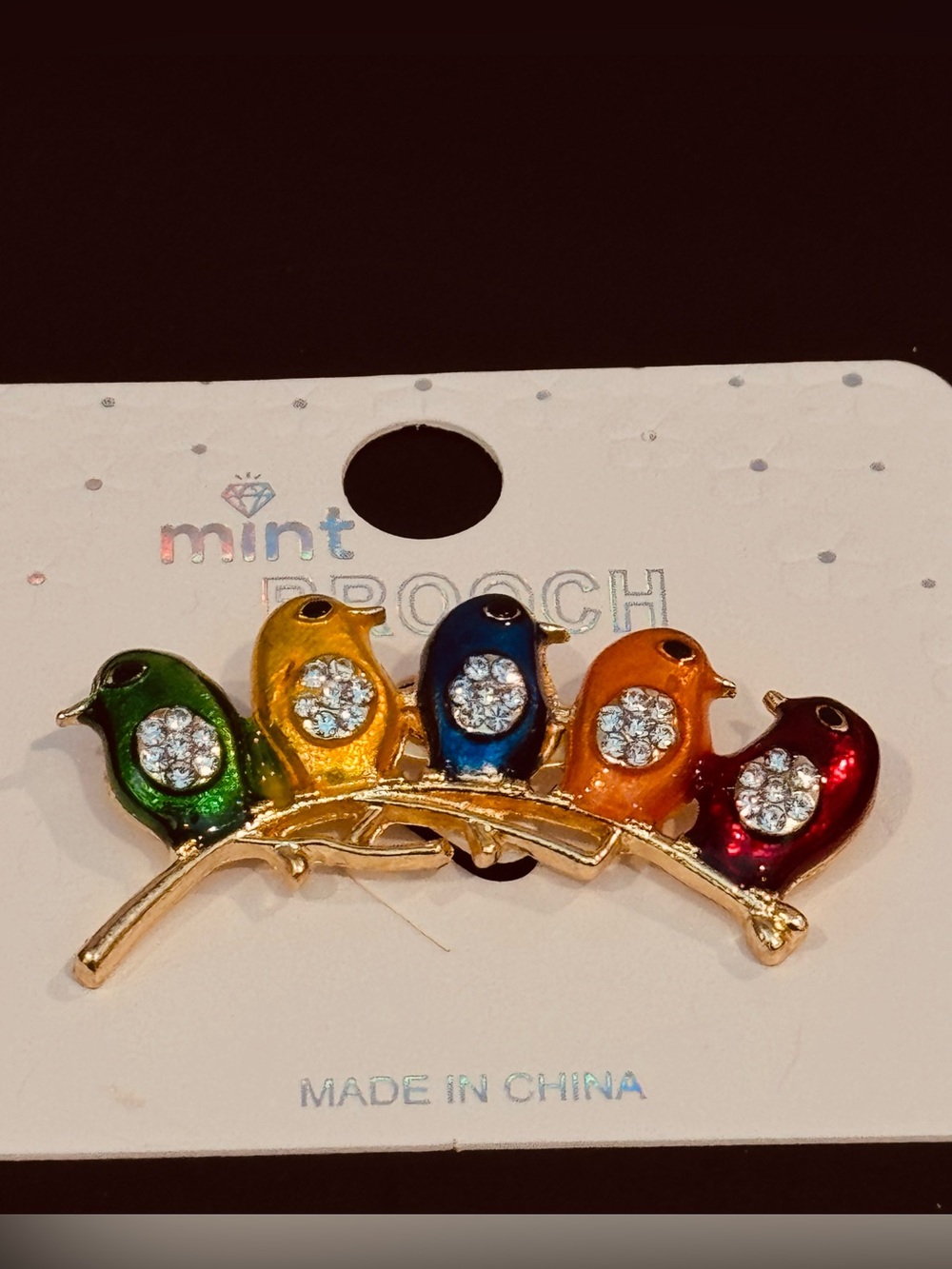 Colorful Enamel Brooch 5 Birds on a Branch Pin Gold Tone Crystal Accents NWT